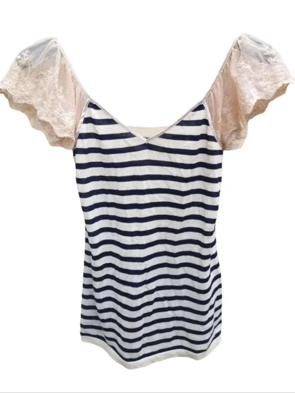 Guess Striped V-Neck Top with Lace Sleeves